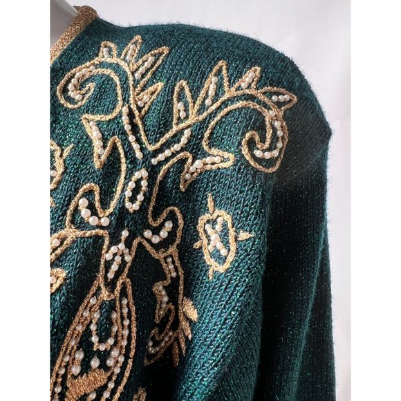 Jaclyn Smith Beaded and Embroidered Cardigan Sweater M Green, Gold Metallic Th - Picture 4 of 16